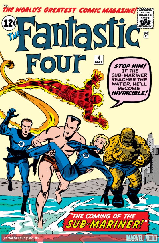 Fantastic Four #4 (1962). Johnny rediscovers Namor. Official digital cover includes Marvel footer.
