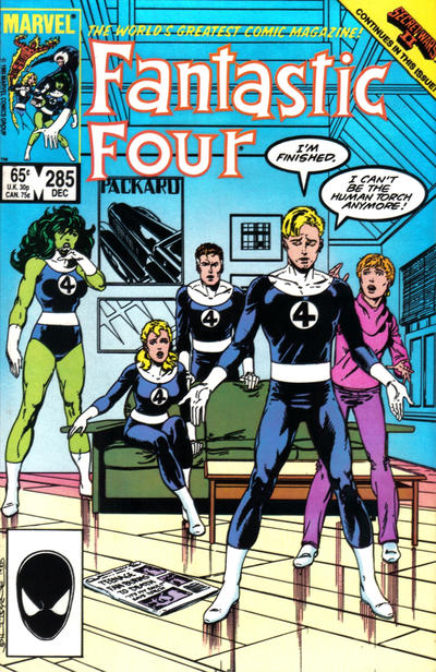 Fantastic Four #285 (1985). John Byrne’s “Hero”. Direct edition: Spider-Man symbol in the corner box.