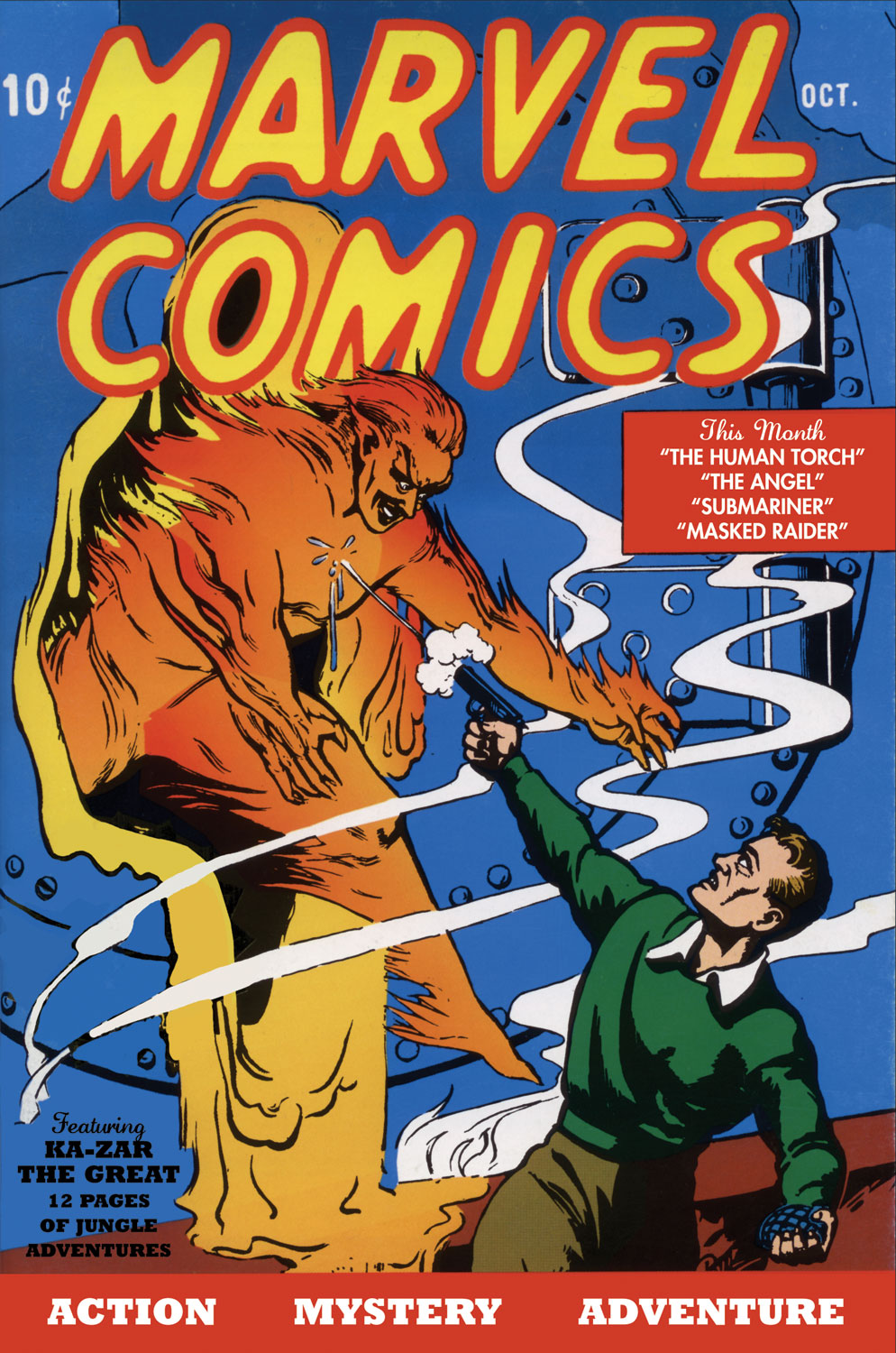 Marvel Comics #1 (1939). Jim Hammond, the original android Torch. Frank R. Paul cover; digital reference.
