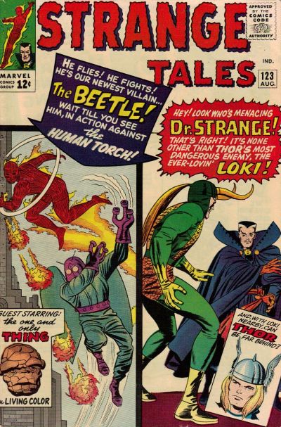 Strange Tales #123 (1964). First appearance of the Beetle, with Johnny and the Thing.