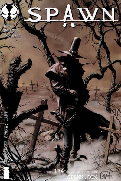 Spawn #174 — Gunslinger, Part One. Gunslinger’s full story debut, under Greg Capullo’s graveyard cover.