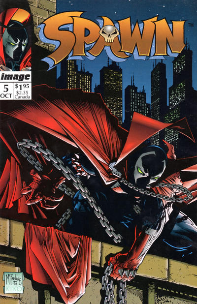 Spawn #5. An early McFarlane cover framed by the city and the red cape.