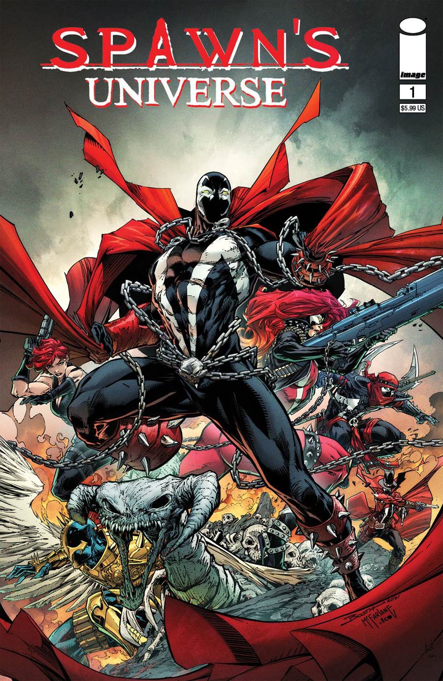 Spawn’s Universe #1 — ensemble cover. A gathering of the expanding Spawn cast.
